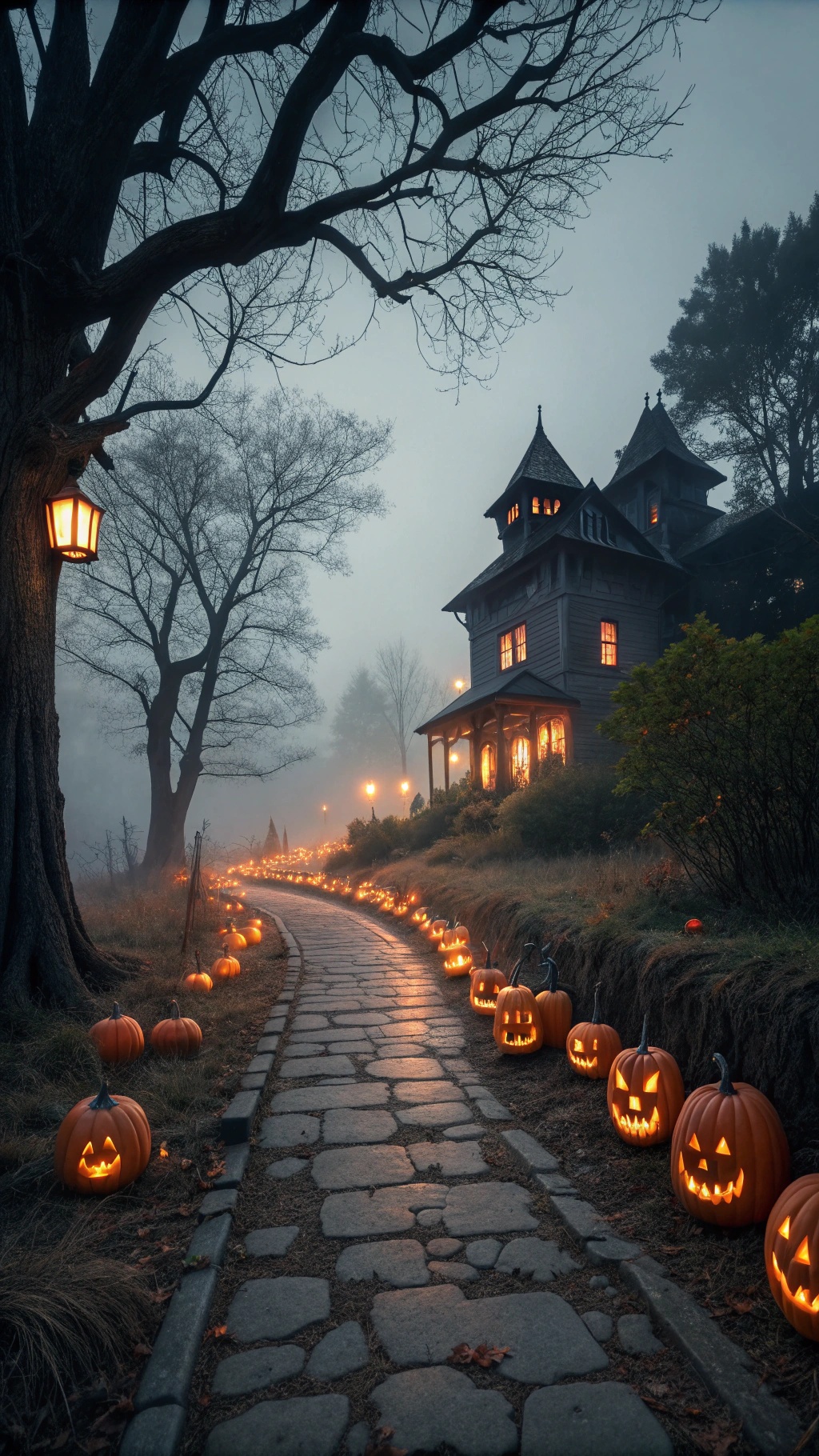 A spooky pathway lined with glowing lanterns and carved pumpkins leading to a haunted house.