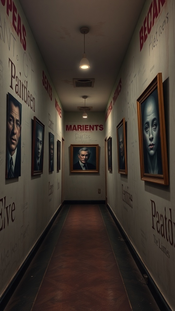 A dimly lit hallway lined with creepy portraits, creating an eerie atmosphere.