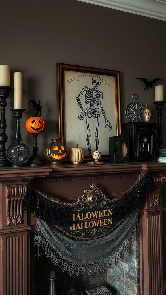 A vintage Halloween-themed living room mantel with skeleton art, candles, and jack-o'-lanterns.