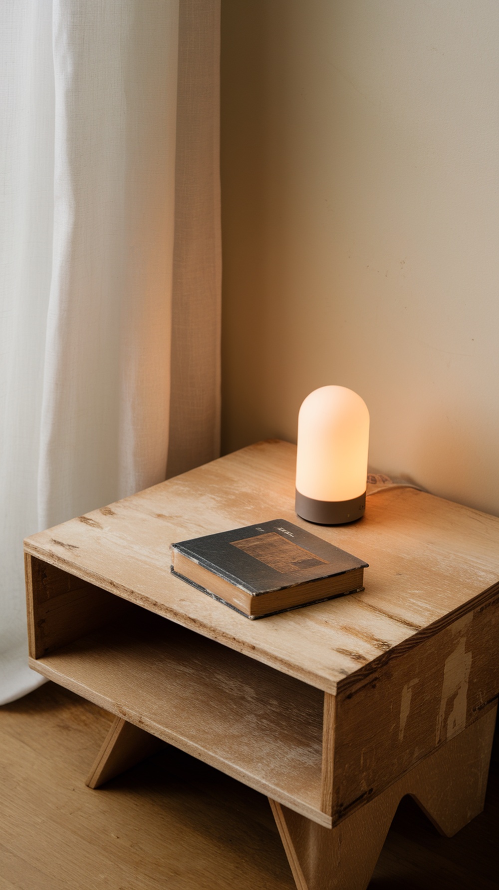 A minimalist nightstand with a lamp and a book.