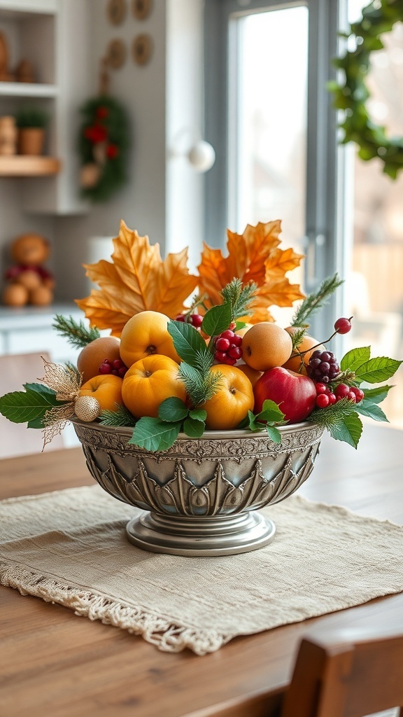 A decorative fruit bowl filled with various fruits and greenery, placed on a wooden table.