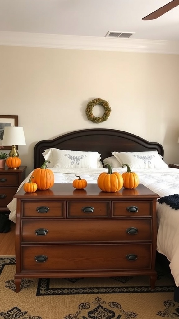 A cozy bedroom with decorative pumpkins on a wooden dresser.