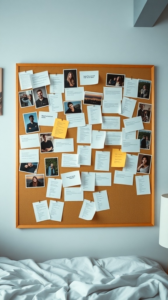 A cork bulletin board filled with notes and photos in a dorm room.