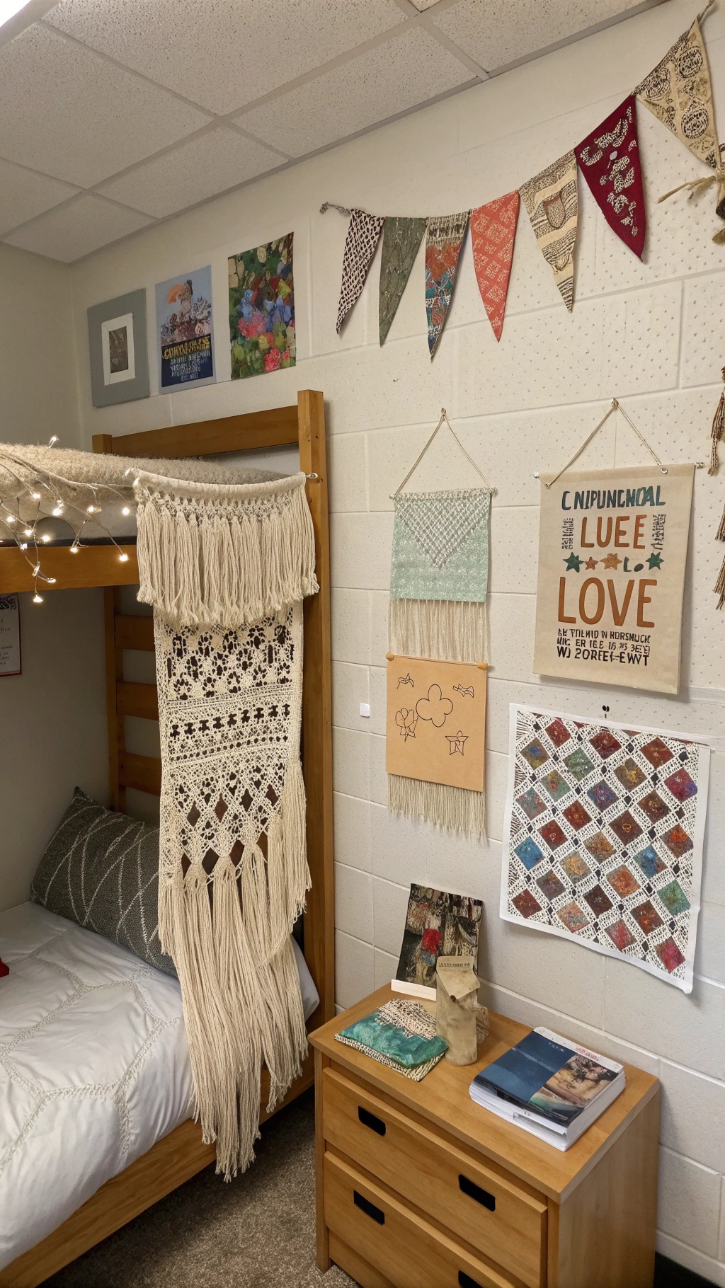 A cozy dorm room with DIY decor including wall hangings and string lights.