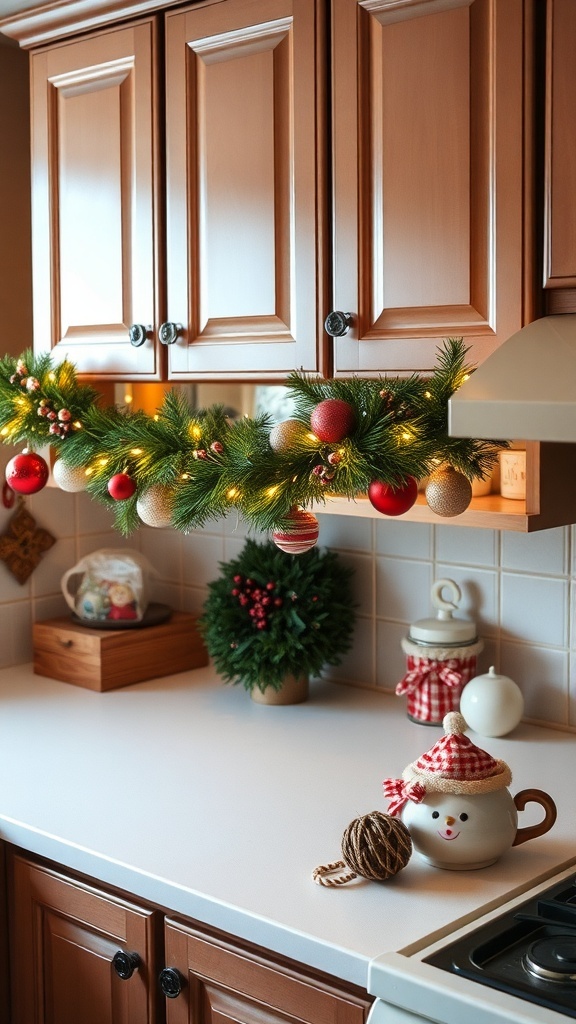 A festive DIY garland made of faux greenery and ornaments hanging on kitchen cabinets.