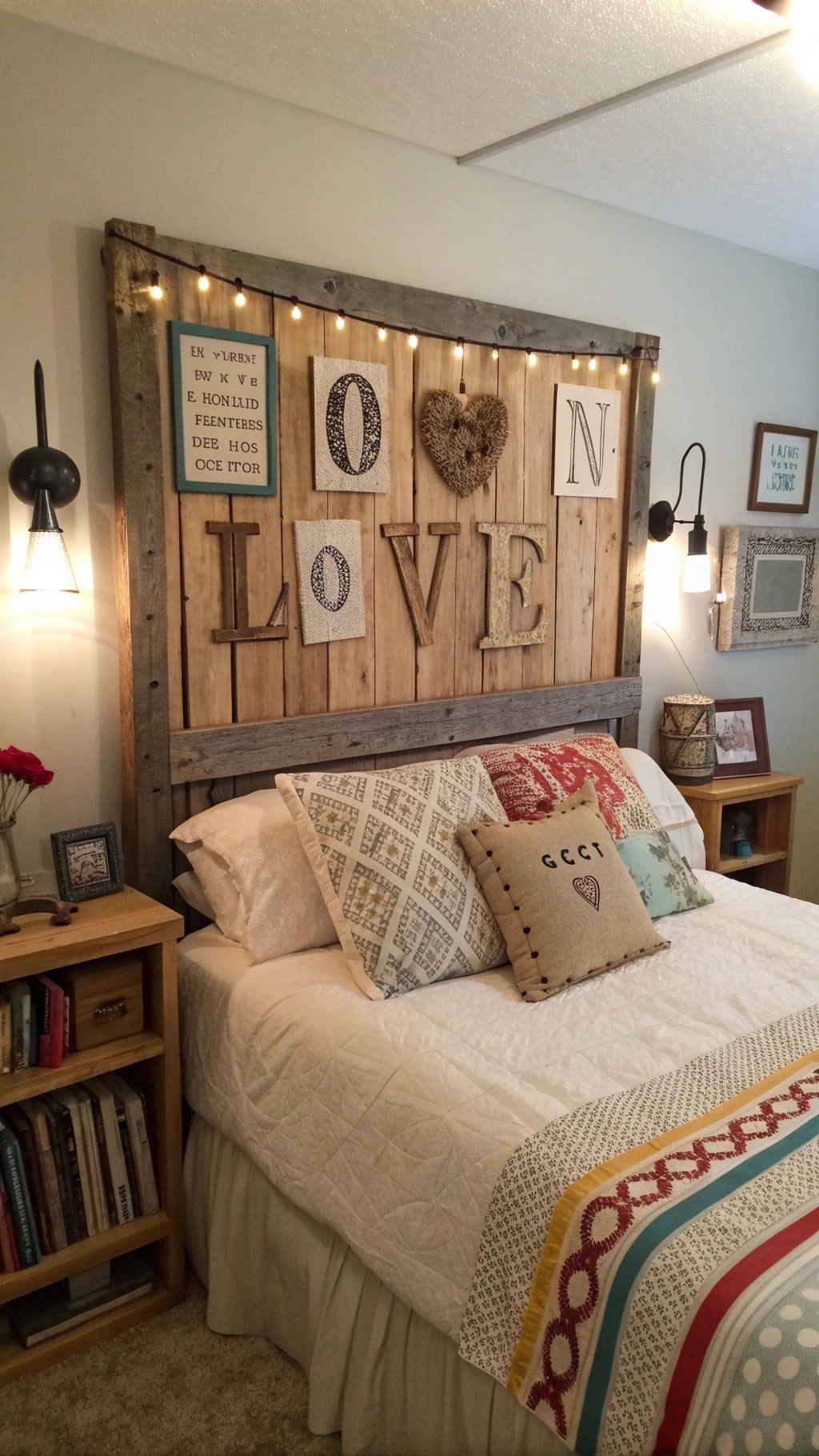 A rustic wooden headboard with lights and decorative letters in a cozy bedroom setting.