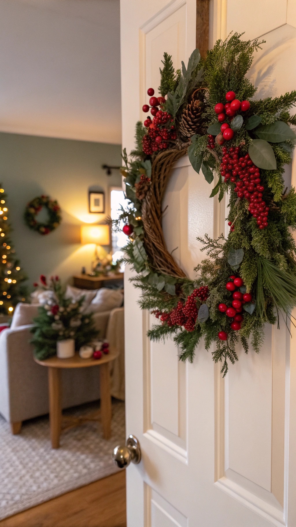 A beautifully decorated DIY wreath with red berries and pinecones hanging on a door.