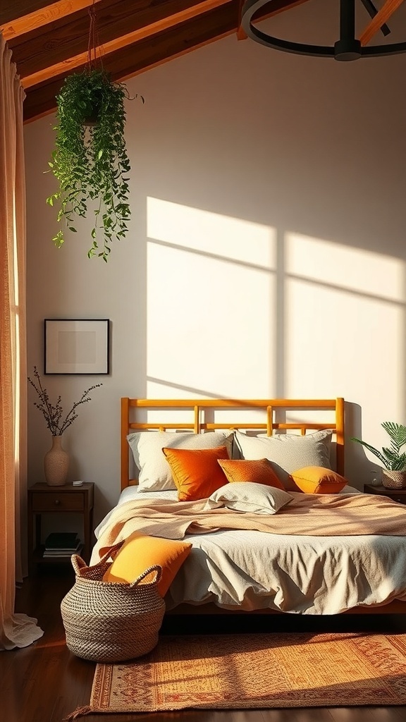 Cozy bedroom with earthy color palette featuring warm tones and natural decor.