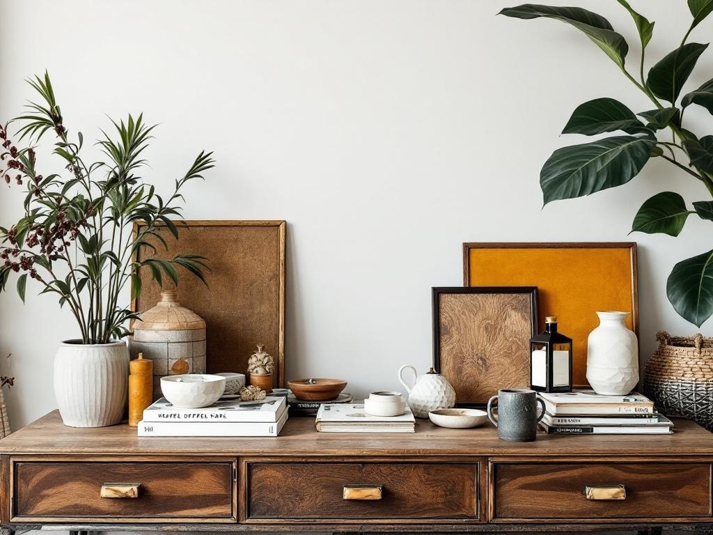 A coffee table styled with vintage and modern decor elements, including plants, books, and decorative items.