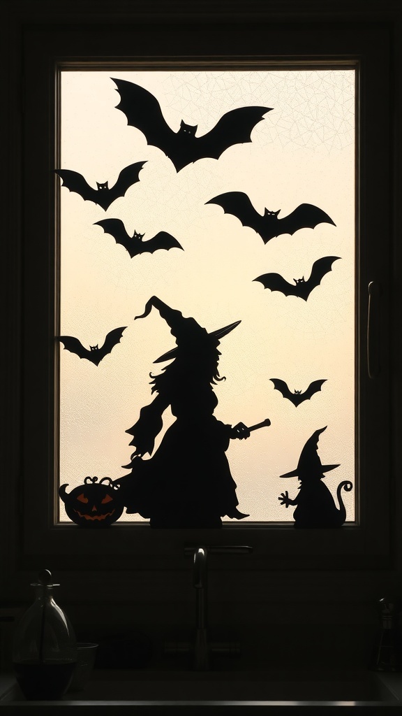 Silhouettes of a witch, a cat, and bats on a window