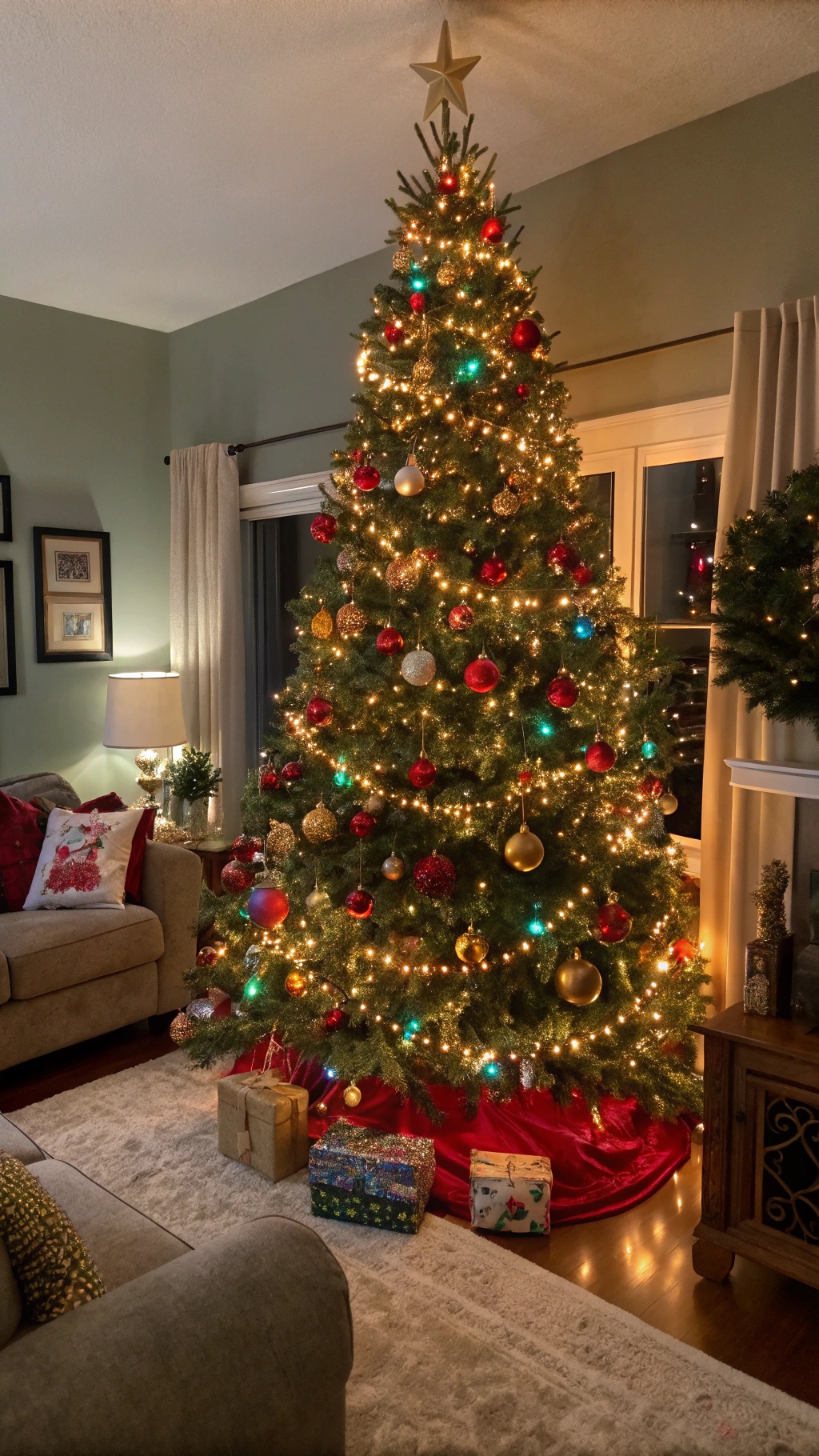 A decorated Christmas tree with colorful ornaments and lights in a cozy living room.