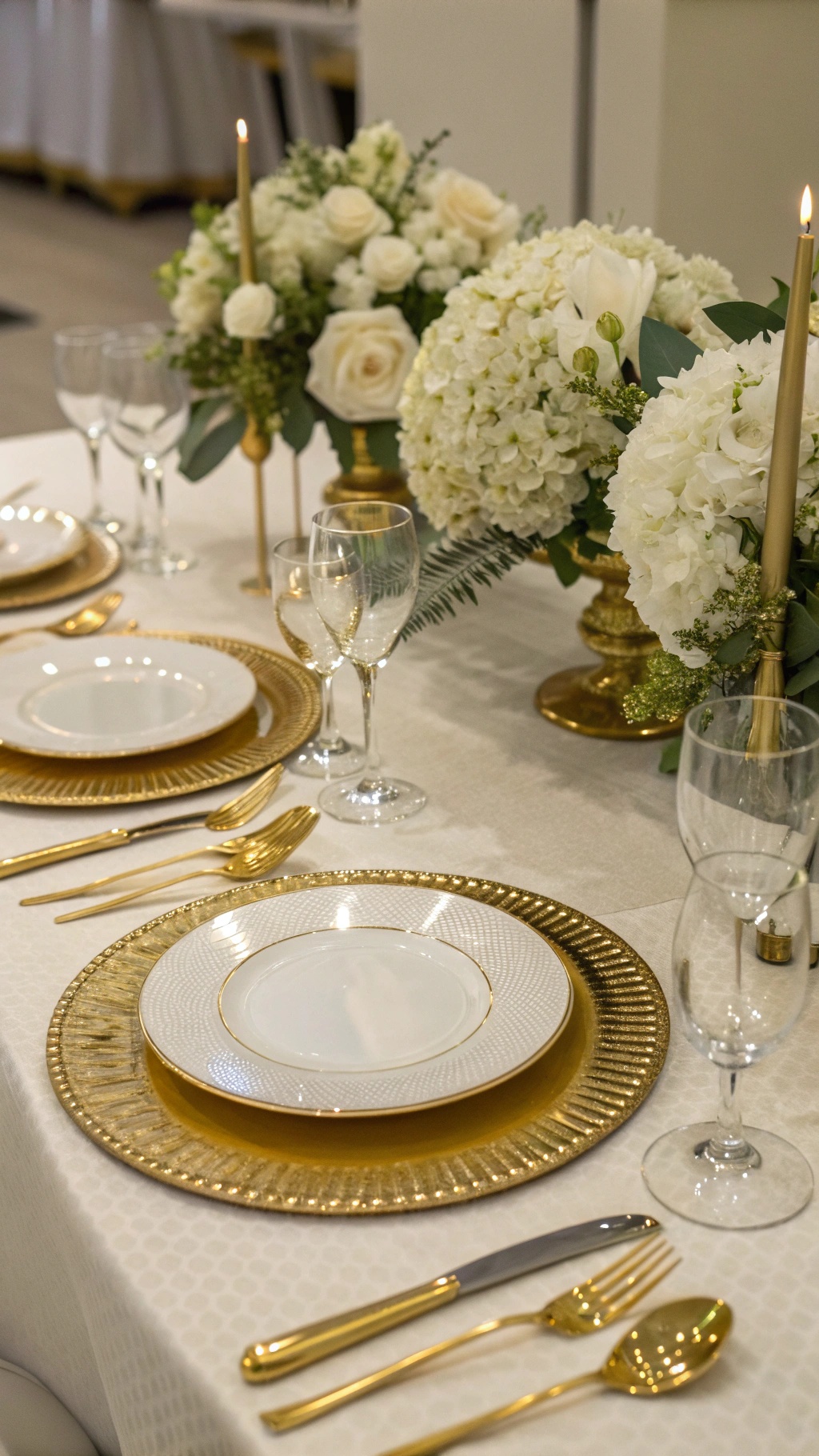 A beautifully set Thanksgiving table with gold and white theme, featuring elegant plates, cutlery, and floral arrangements.