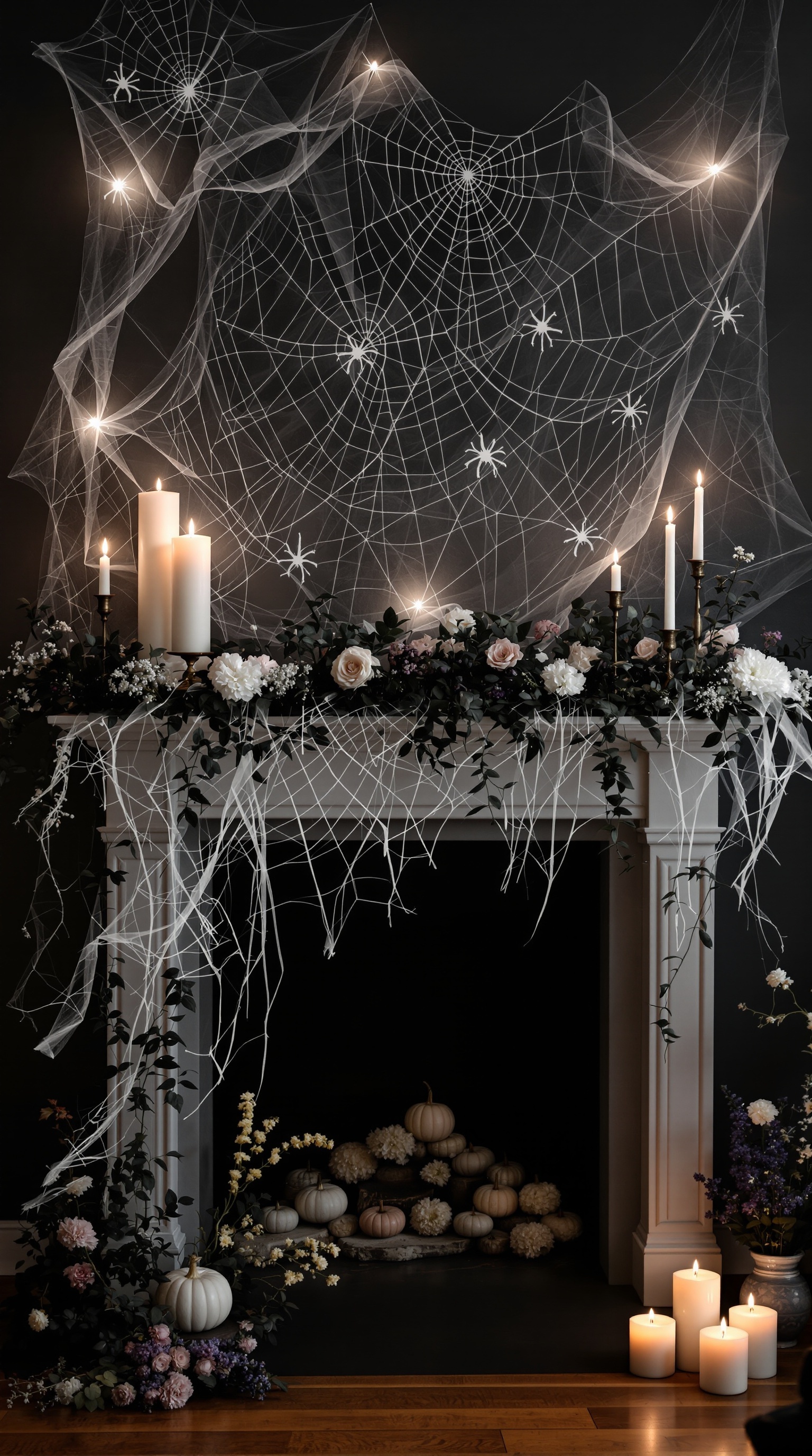 A Halloween mantel decorated with white spider webs, candles, and floral arrangements.