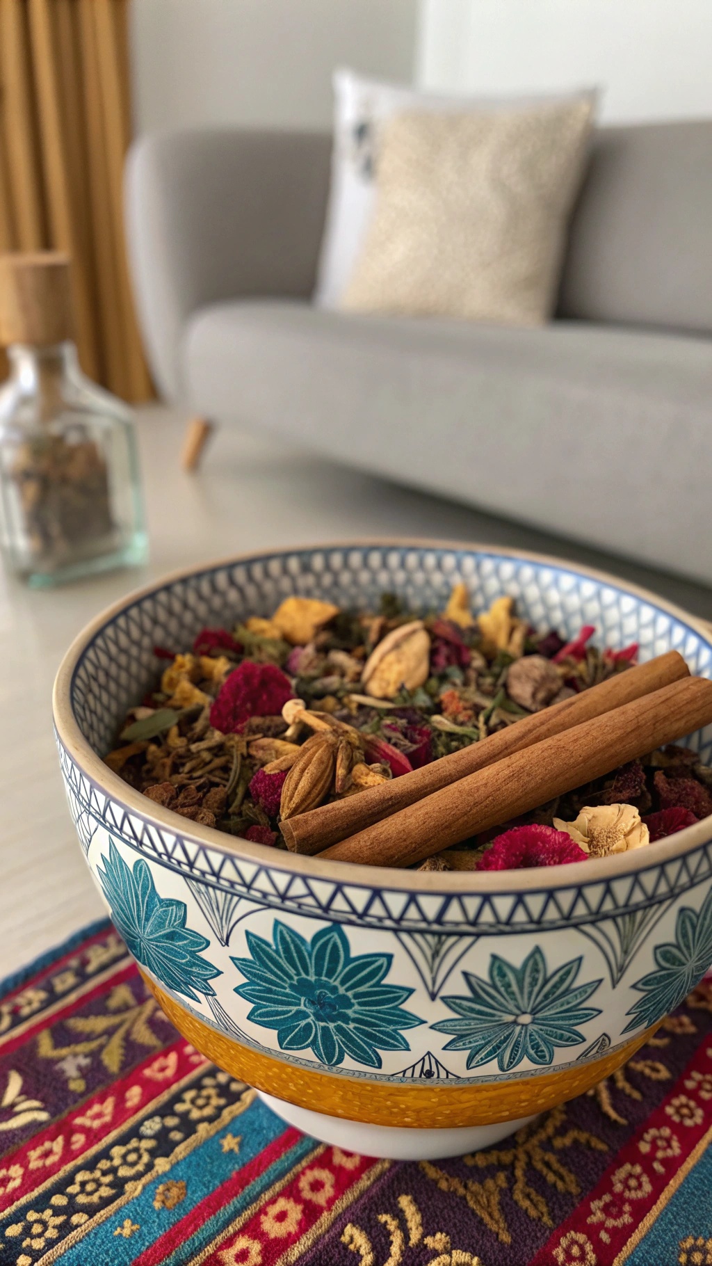 A decorative bowl filled with colorful potpourri and cinnamon sticks, placed on a vibrant patterned cloth.