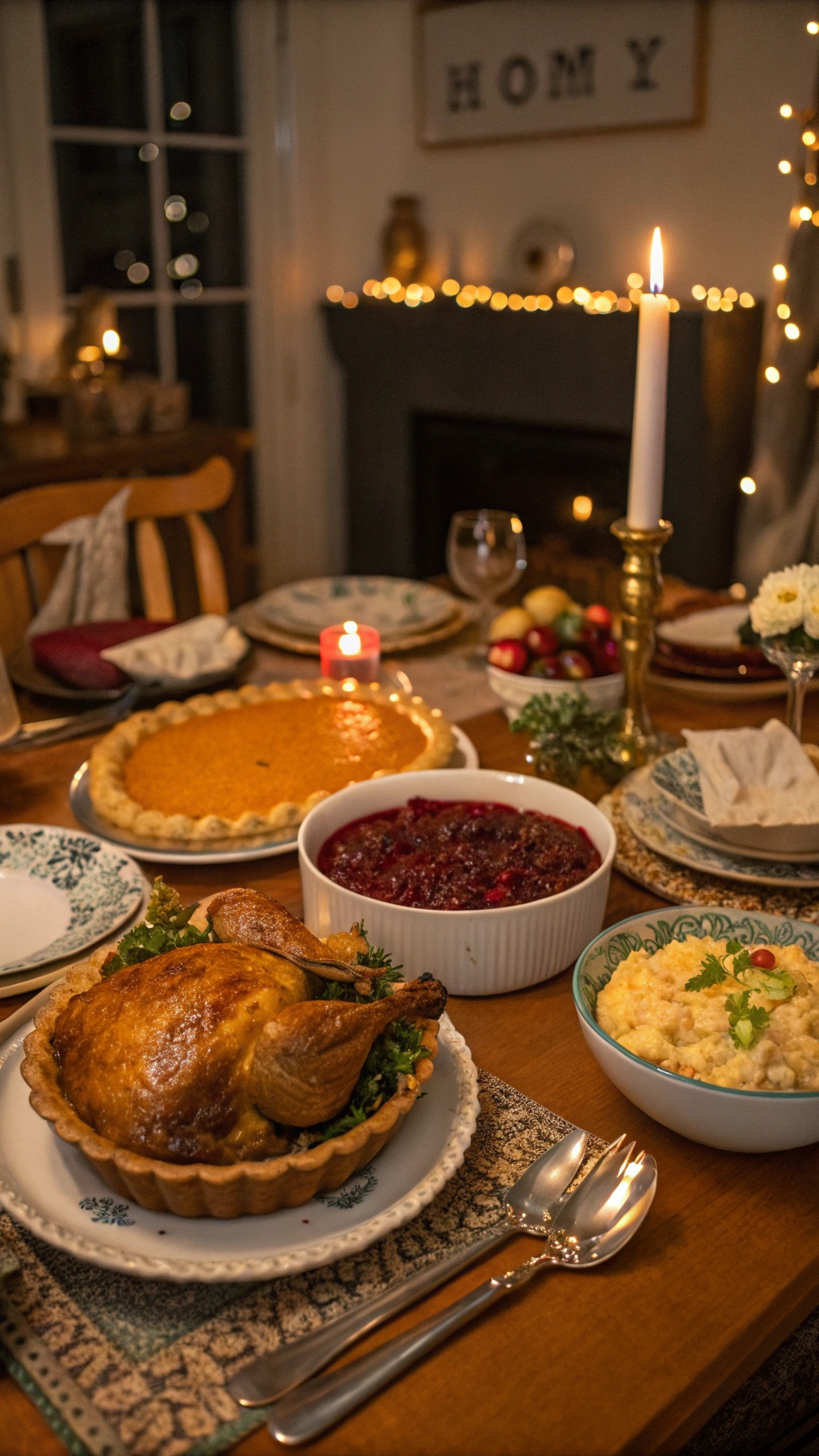 Thanksgiving table setting with heirloom touches, featuring a turkey, pumpkin pie, and decorative elements.