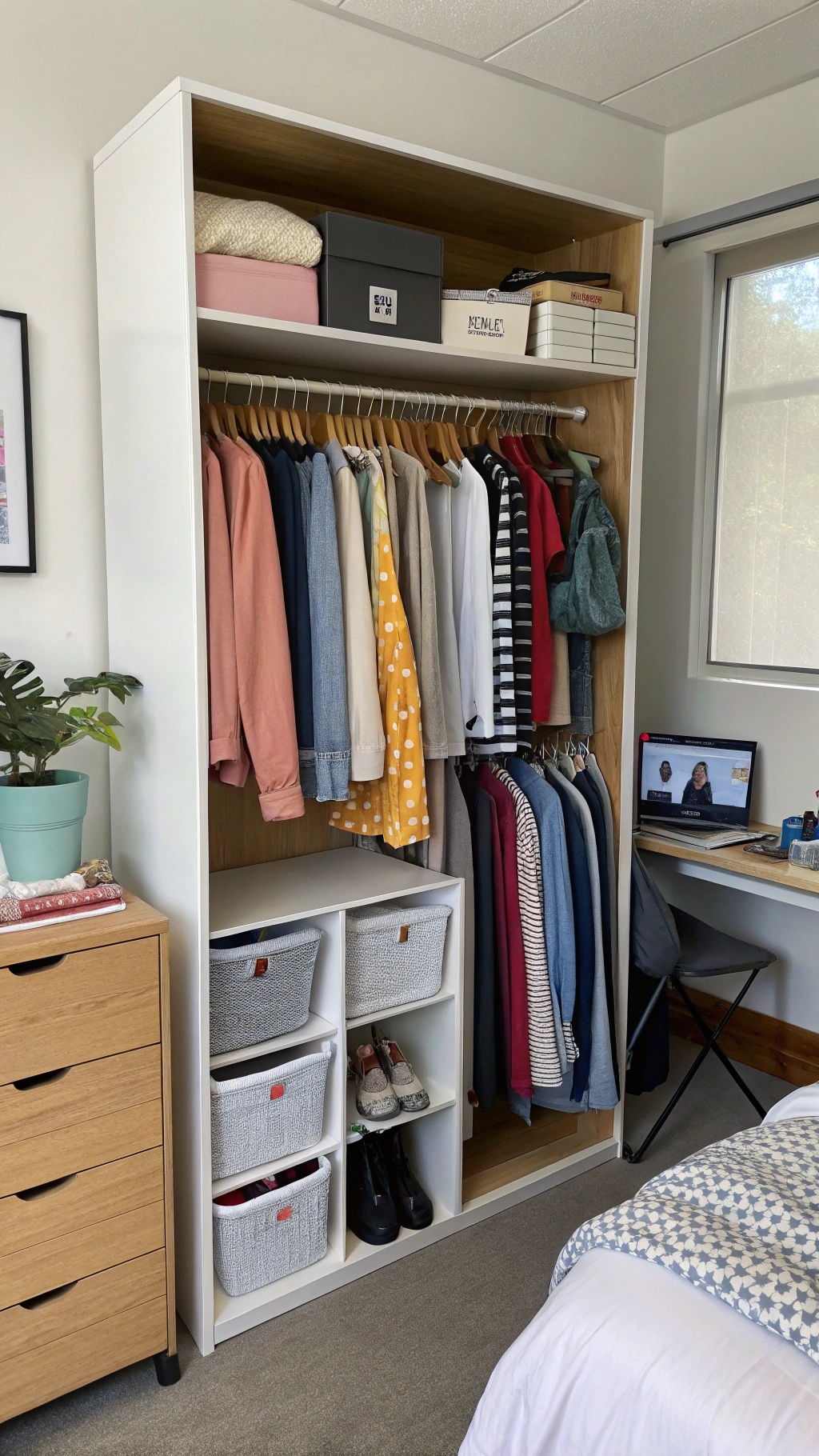 A stylish wardrobe with organized clothing and storage baskets in a college dorm room.