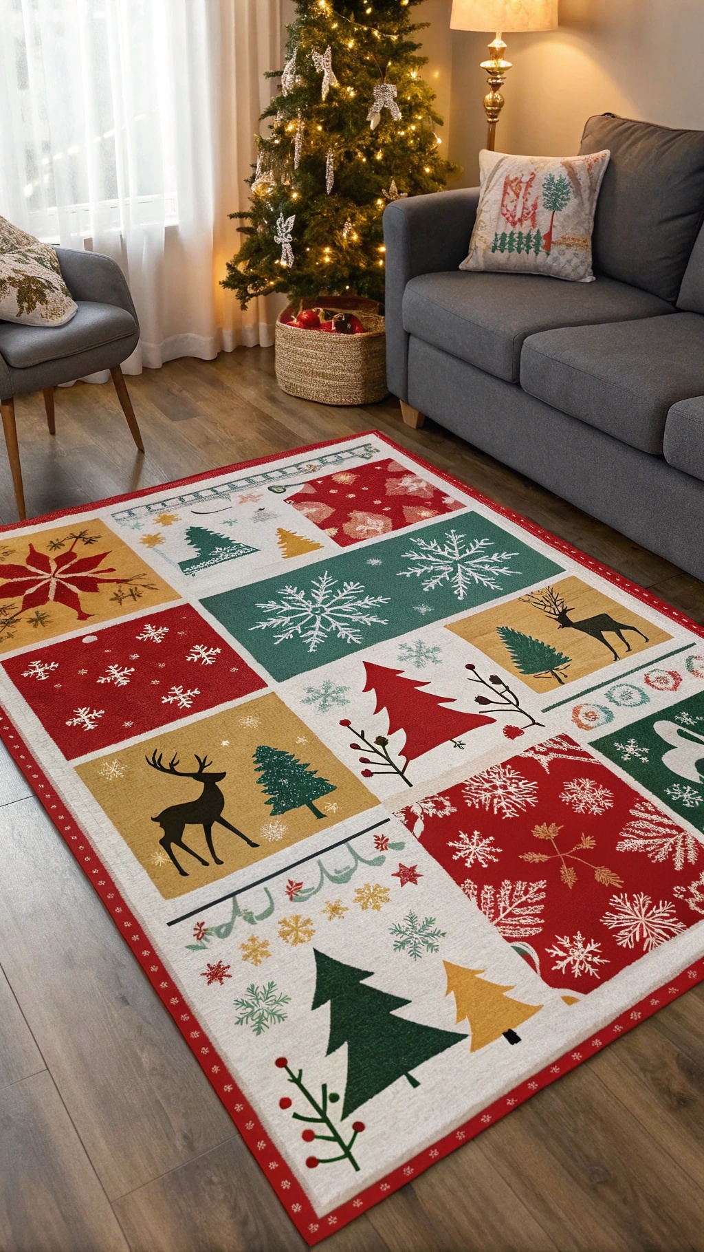 A colorful Christmas-themed area rug with festive patterns in a cozy living room setting.