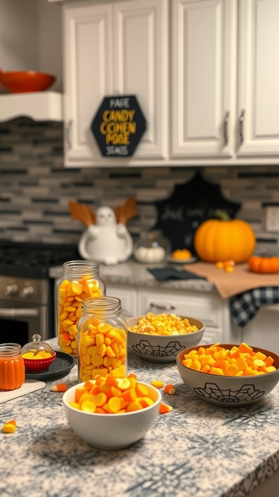 A kitchen decorated with candy corn accents, featuring bowls of candy corn and a pumpkin.