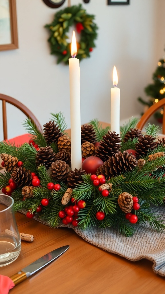 A festive centerpiece with pinecones, berries, and candles on a kitchen table.