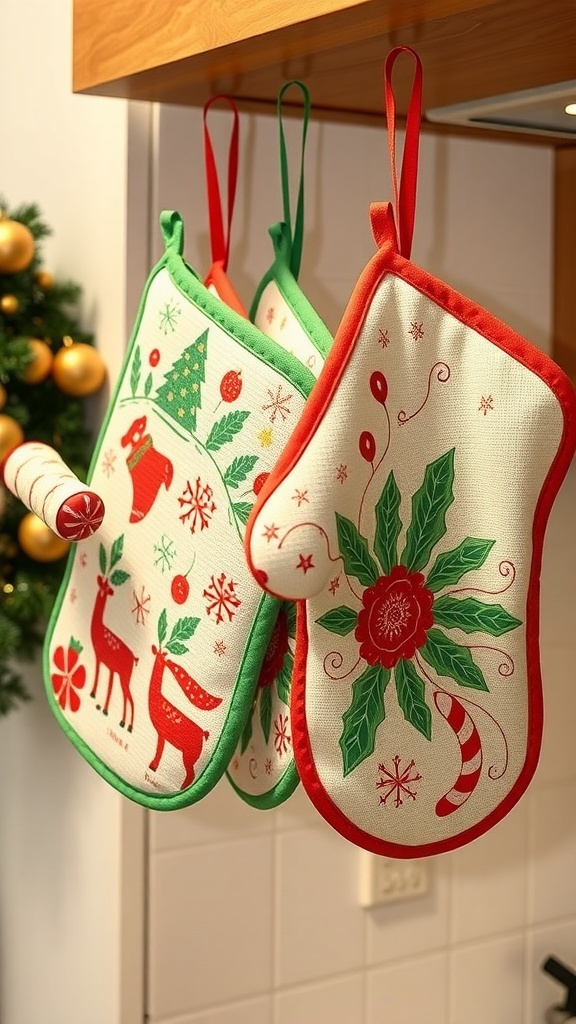 Colorful Christmas pot holders and oven mitts hanging in a kitchen.