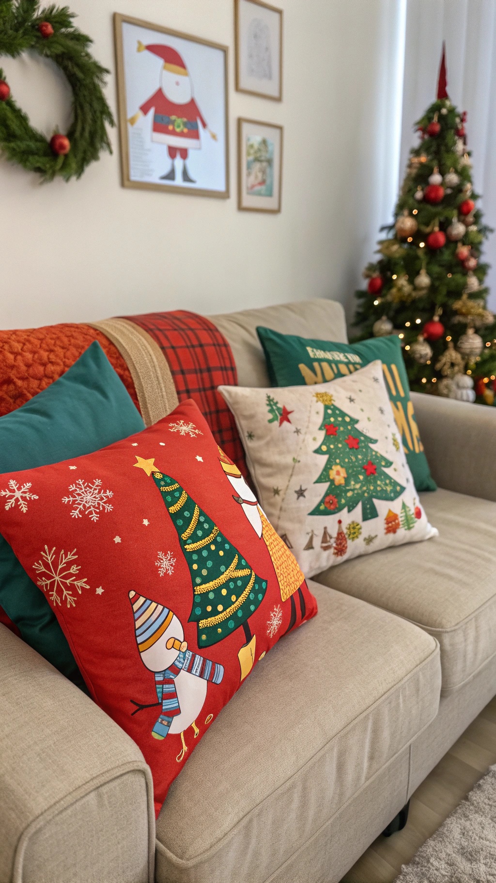 Colorful Christmas-themed throw pillows on a couch