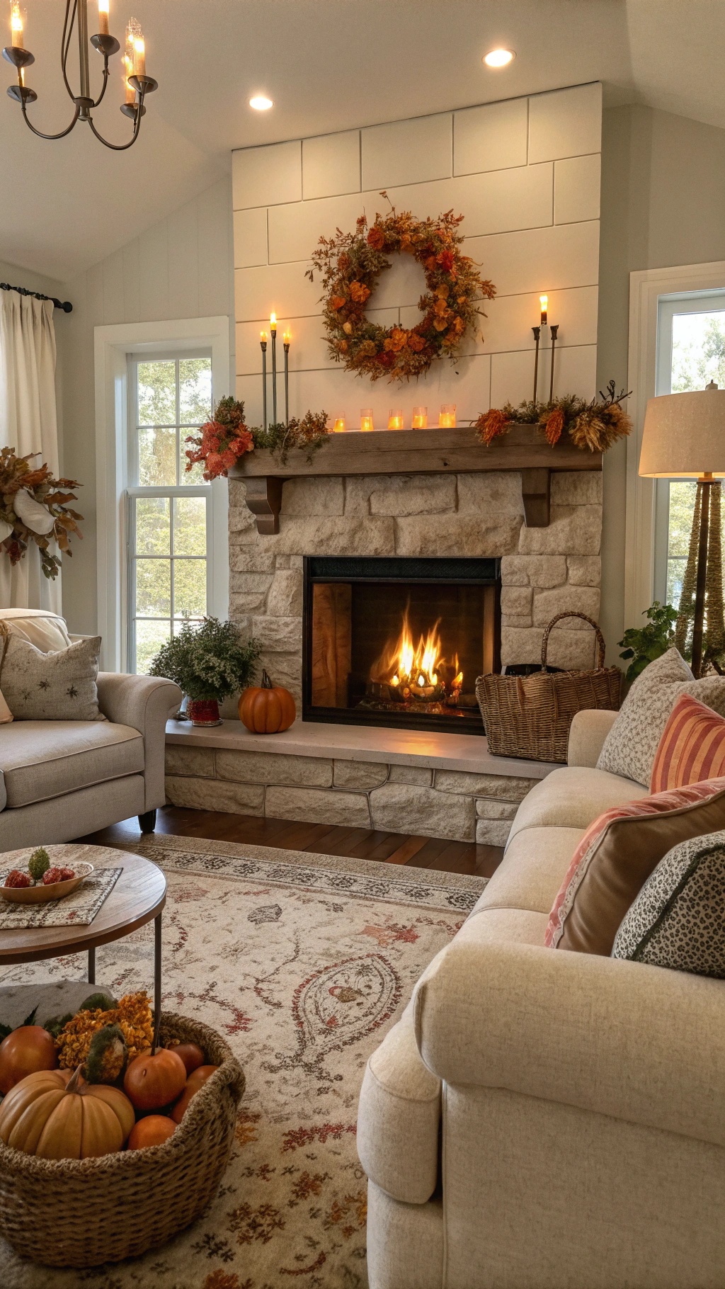Cozy fall living room with a fireplace, autumn decor, and comfortable seating.