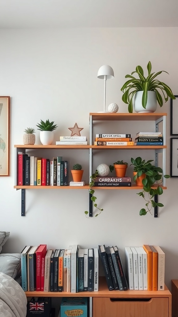 Stylish shelving with books and plants in a dorm room.