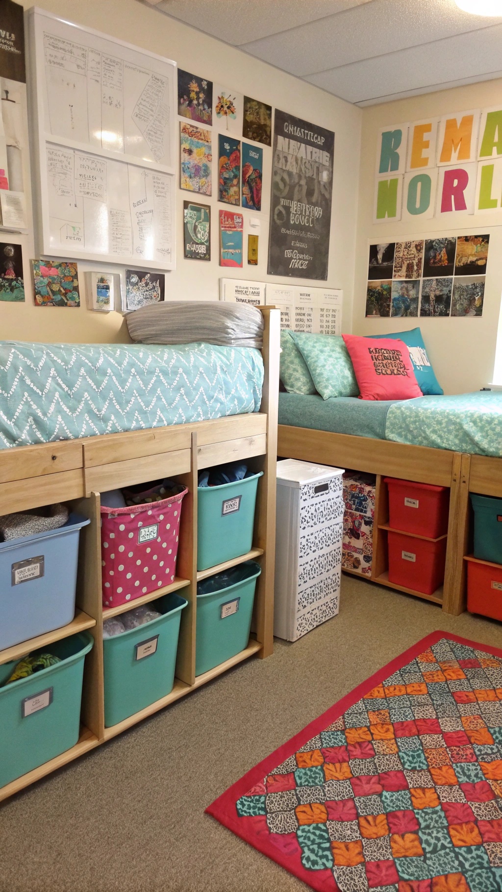 A cozy dorm room with a lofted bed and colorful storage bins underneath.