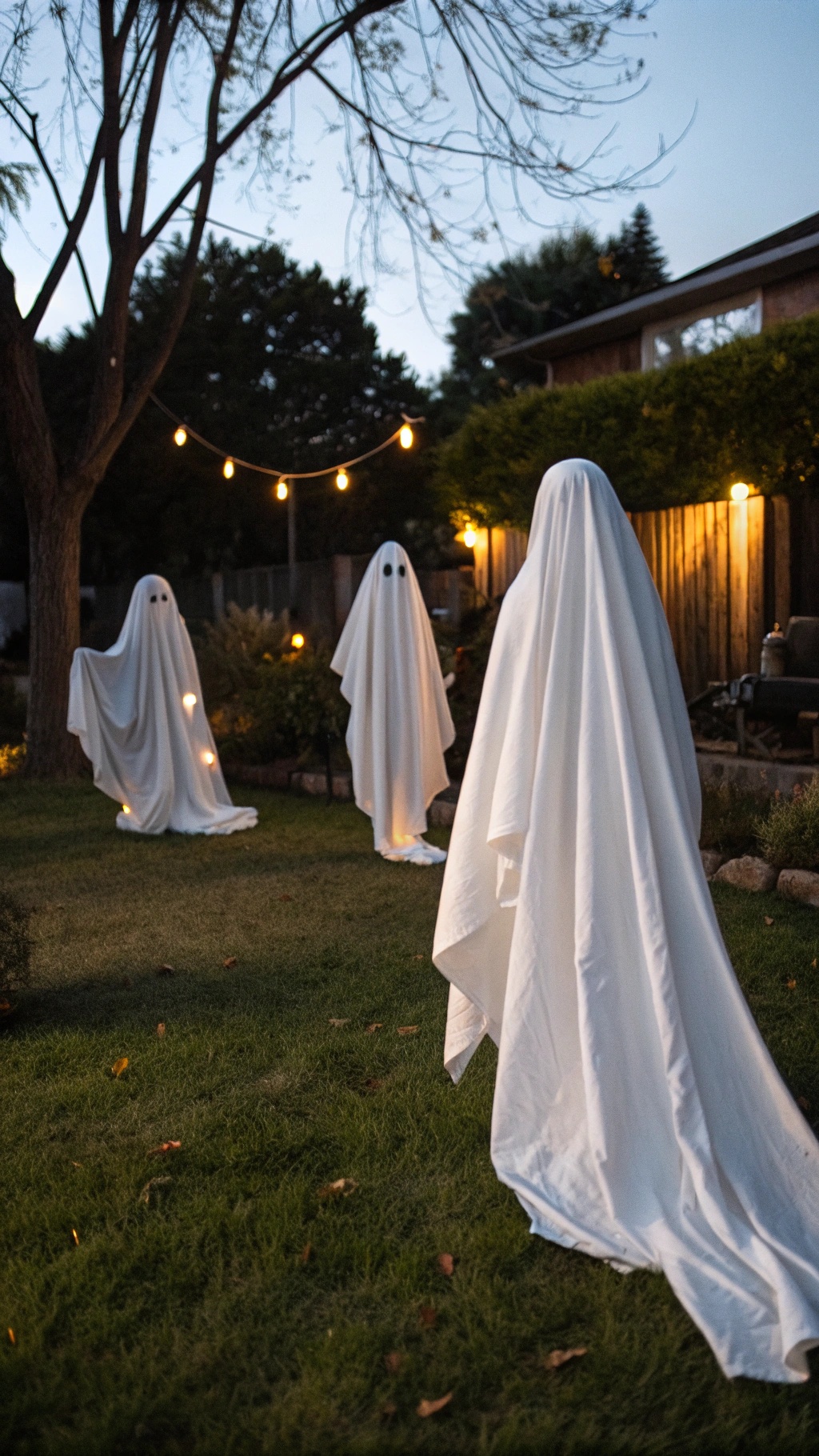 Three ghost figures made from white sheets standing on a lawn, illuminated by string lights.