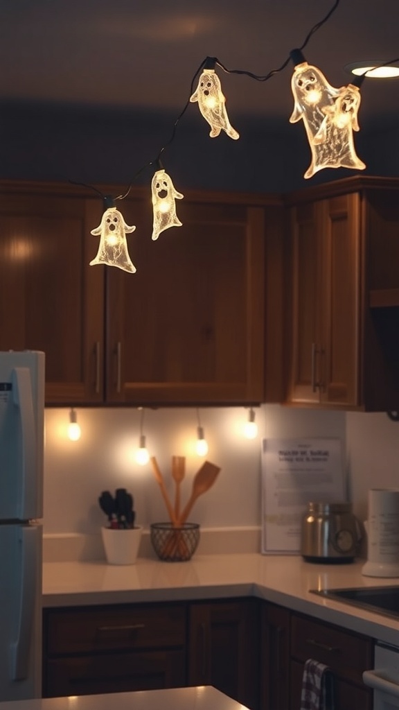 Ghost-shaped string lights hanging in a kitchen