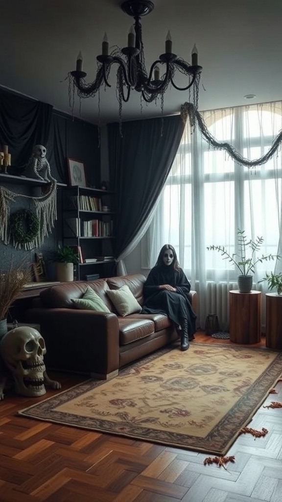 A spooky living room decorated with garlands and Halloween accents.