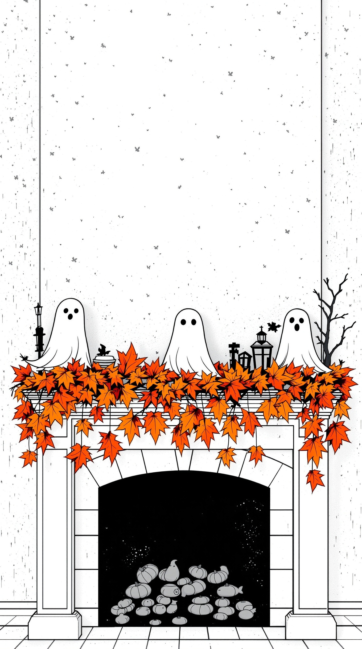 A Halloween mantel decorated with three ghost figures, orange leaves, lanterns, and pumpkins.