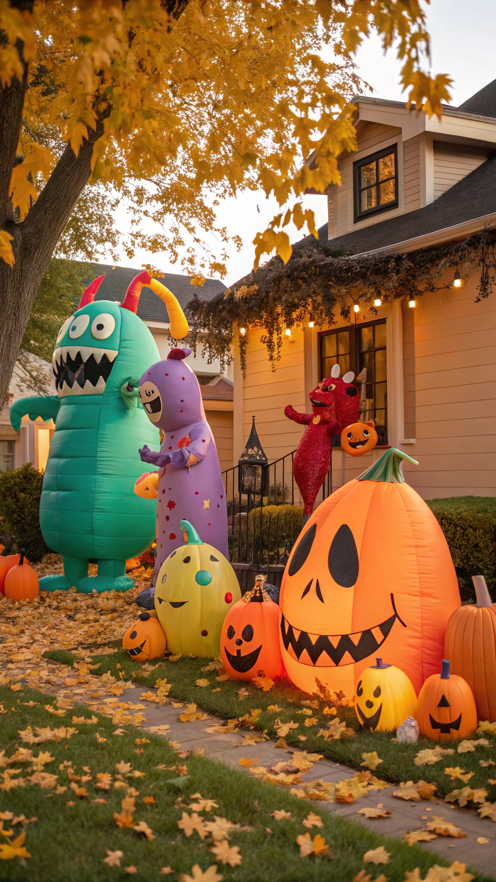 Giant inflatable monsters and pumpkins in a decorated yard for Halloween.