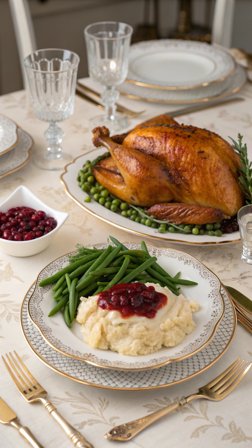 A beautifully set Thanksgiving table featuring a roasted turkey, green beans, mashed potatoes with cranberry sauce, and elegant glassware.