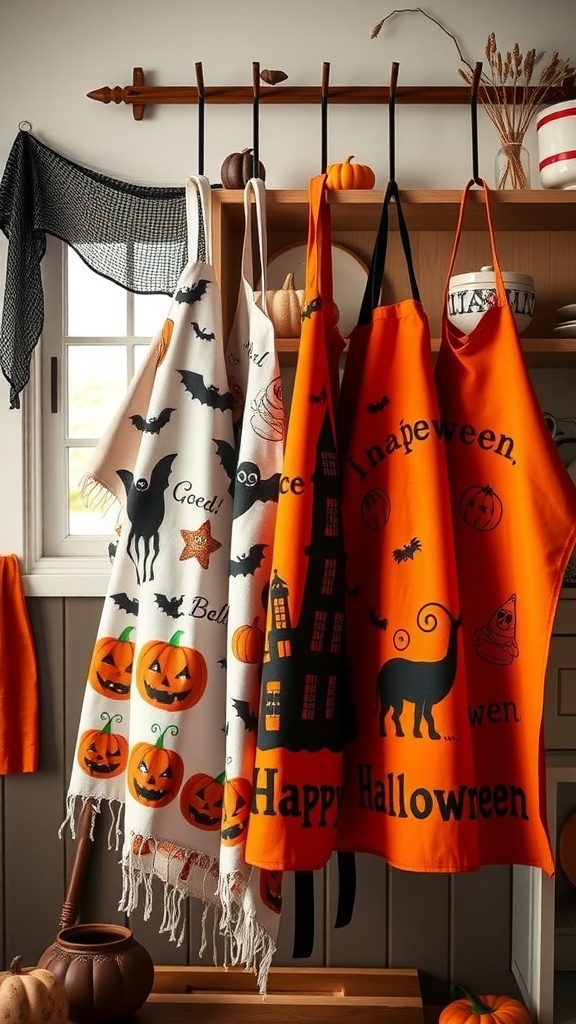 Colorful Halloween-themed dish towels and aprons hanging in a kitchen.