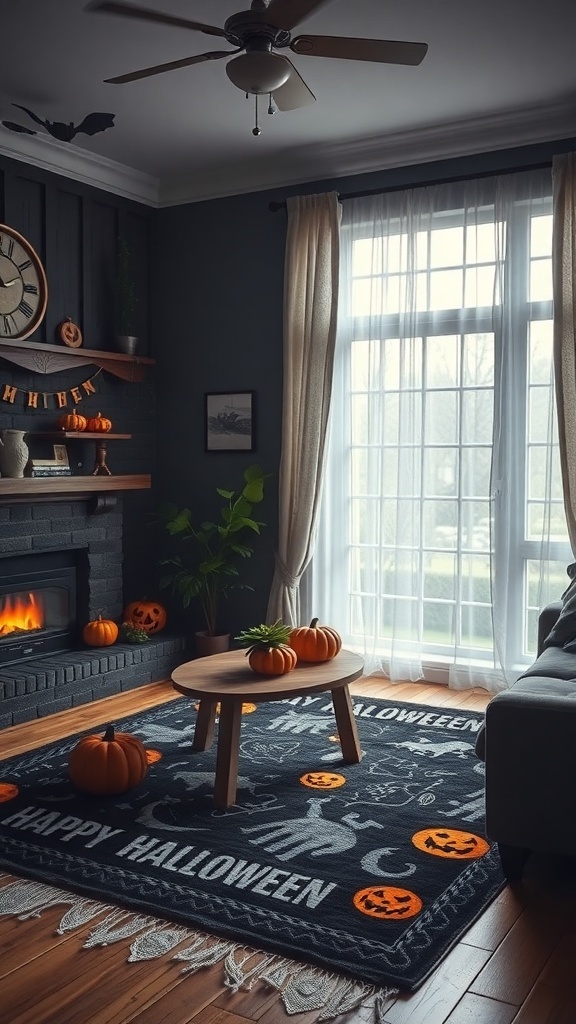 A cozy living room with a Halloween-themed rug featuring pumpkins and spooky designs.