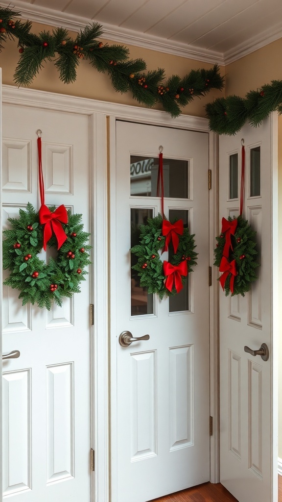 Three handcrafted Christmas wreaths with red bows hanging on white doors.