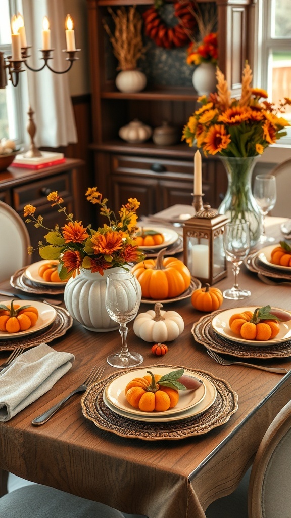 A beautifully set table with mini pumpkins, flowers, and rustic dinnerware for a harvest-themed decor.