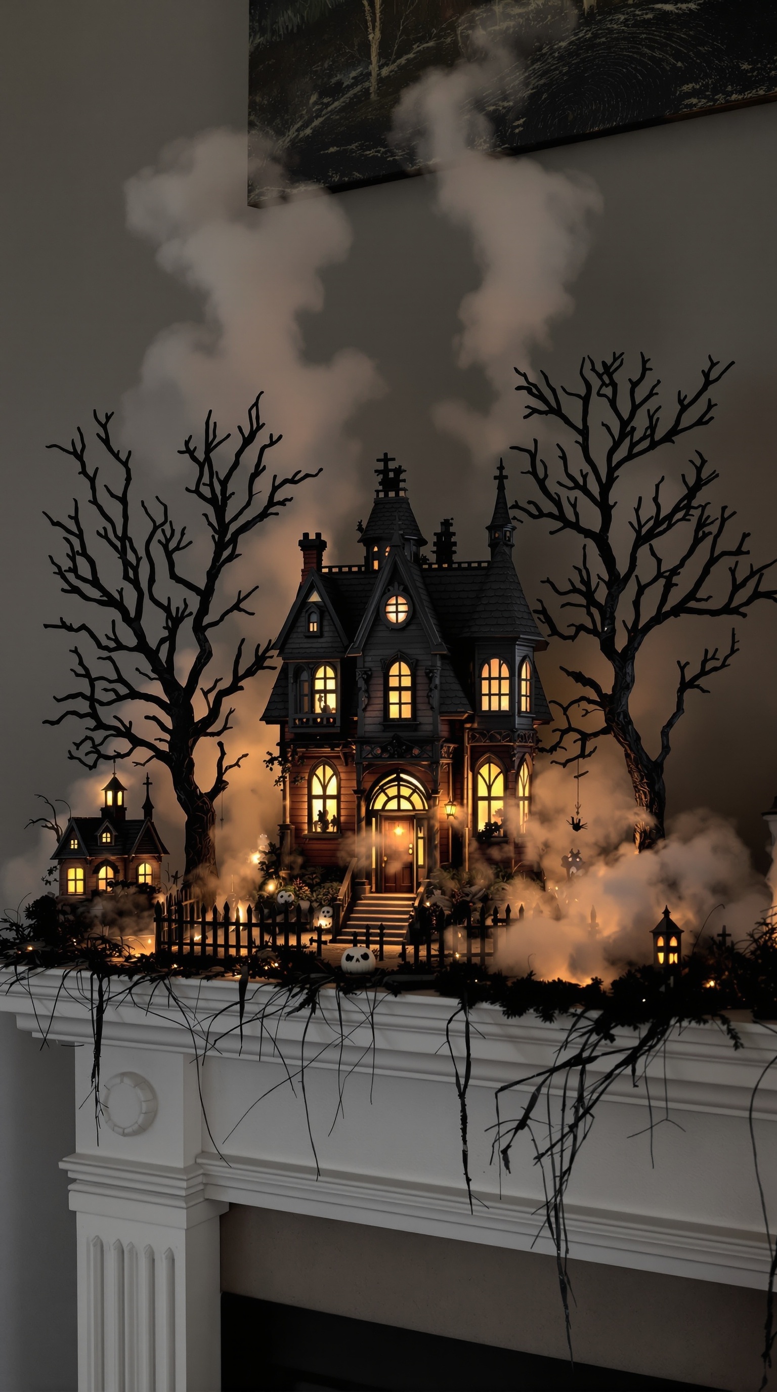 A spooky haunted house centerpiece with glowing windows, surrounded by bare trees and fog.