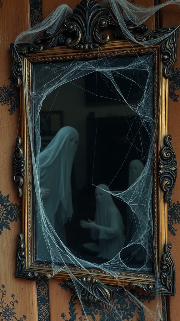 A haunted mirror with cobwebs and ghostly figures reflected in it.