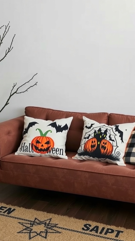 Halloween-themed throw pillows on a couch