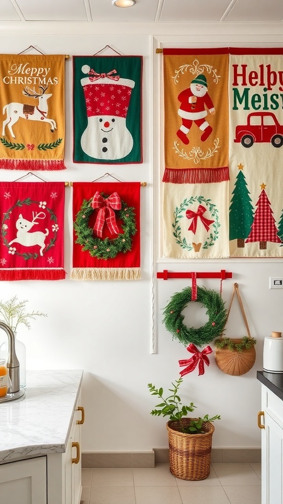 Colorful holiday-themed wall hangings in a kitchen setting.