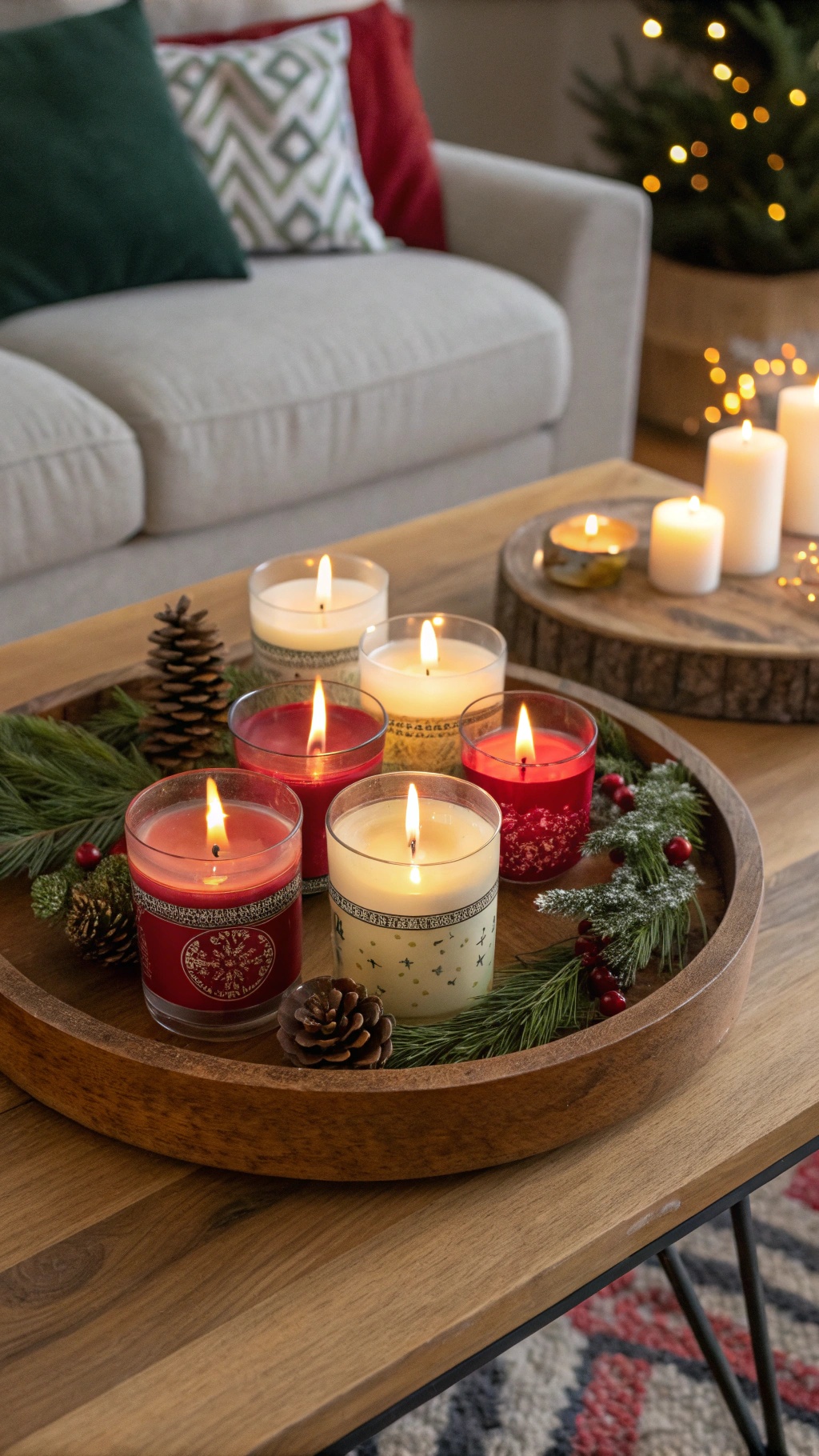 A cozy arrangement of holiday scented candles on a wooden tray with pinecones and greenery.