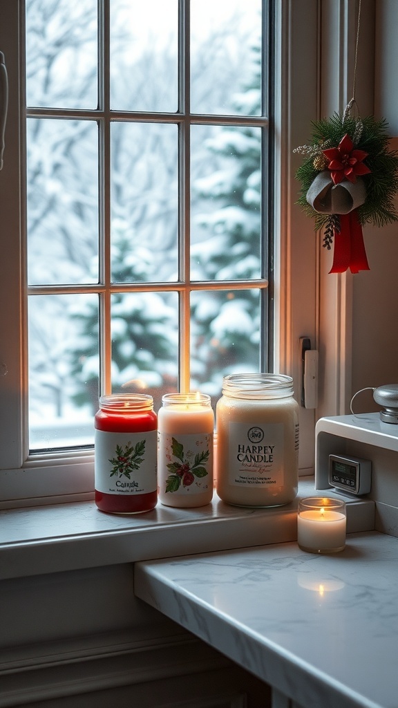 A cozy kitchen window with holiday scented candles and a snowy view outside.