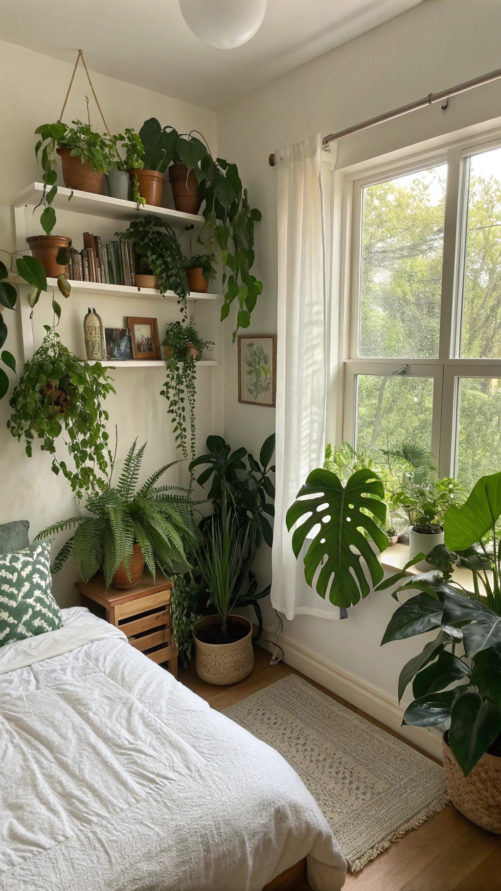 A cozy bedroom filled with various plants, showcasing a lively and fresh atmosphere.