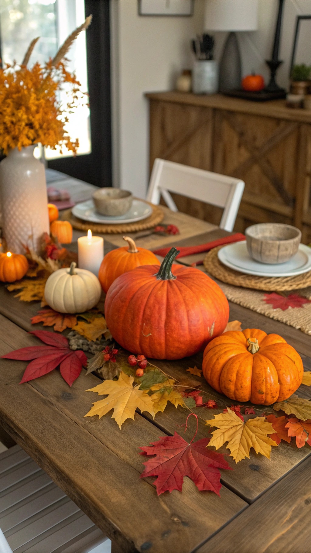 A cozy fall table setting with pumpkins, leaves, and candles.