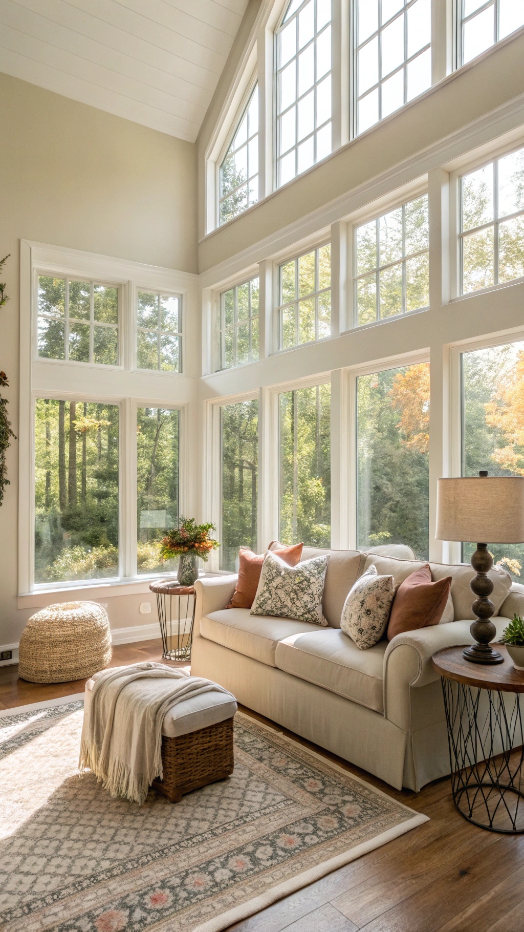 A bright living room with large windows allowing natural light in.