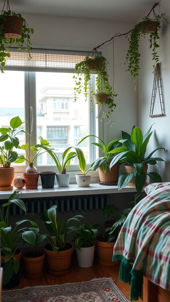A cozy dorm room corner filled with various indoor plants, creating a fresh and lively atmosphere.