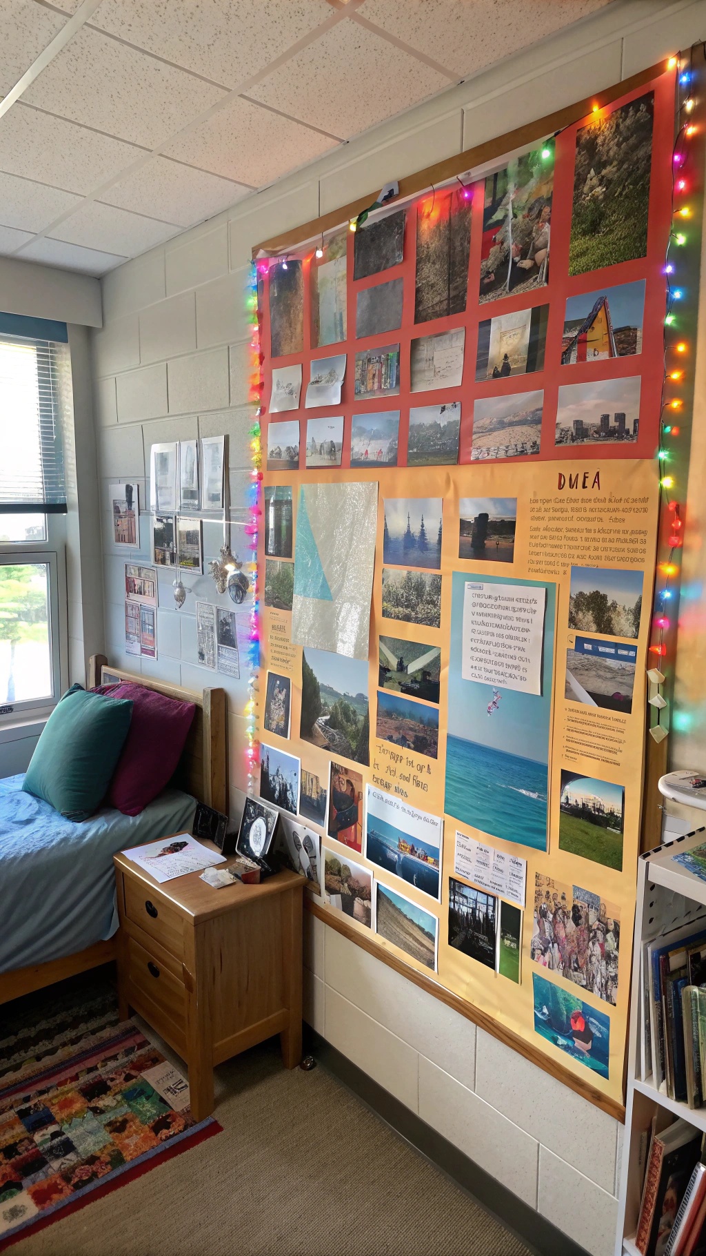 A colorful vision board filled with photos and quotes, surrounded by fairy lights in a cozy dorm room.