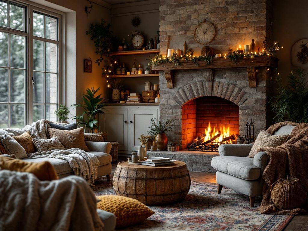 Cozy living room with a fireplace, comfortable seating, and warm decor.